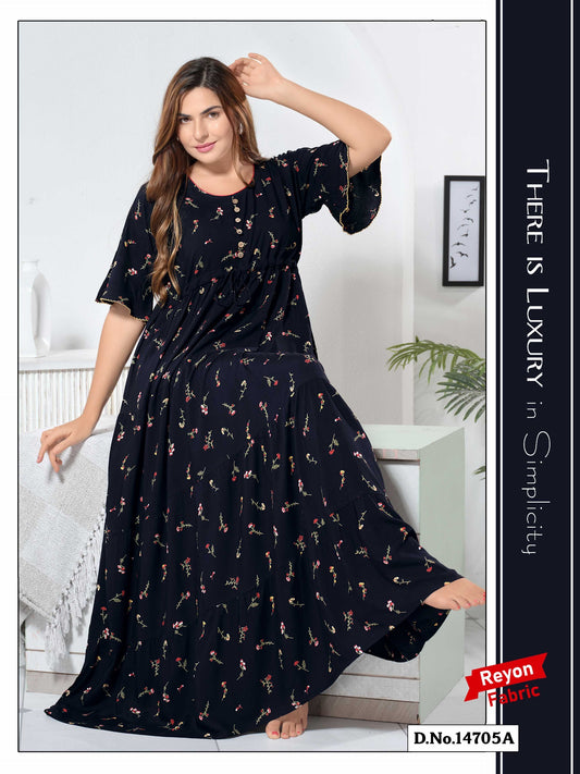 Navy Blue Reyon Cotton Umbrella Nightgown Shreya