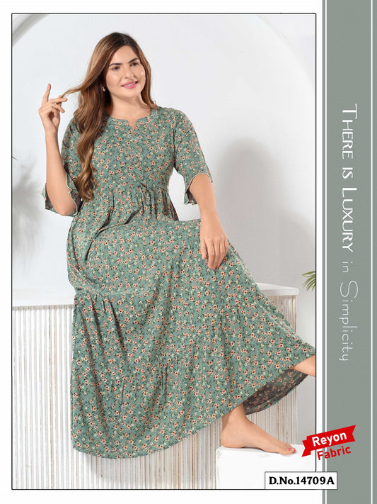 Pistachio Green Reyon Cotton Umbrella Nightgown Siya