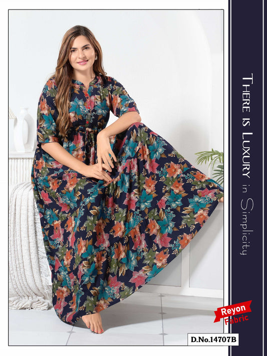 Navy Blue Reyon Cotton Umbrella Nightgown Misha