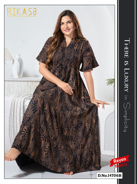 Charcoal Brown Reyon Cotton Umbrella Nightgown Priya