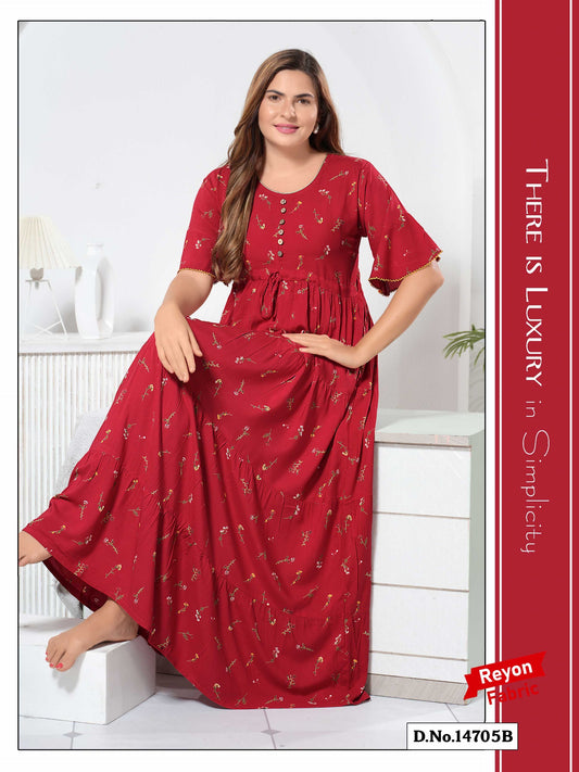 Cherry Red Reyon Cotton Umbrella Nightgown Shreya