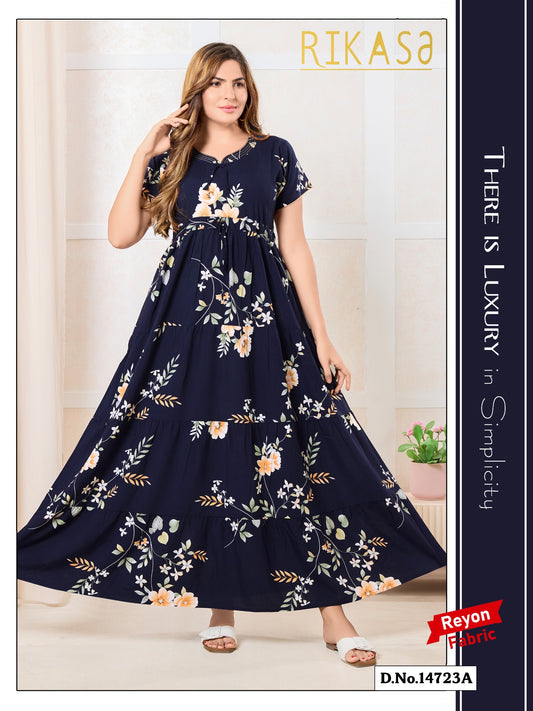 Navy Blue Reyon Cotton Umbrella Nightgown Raya