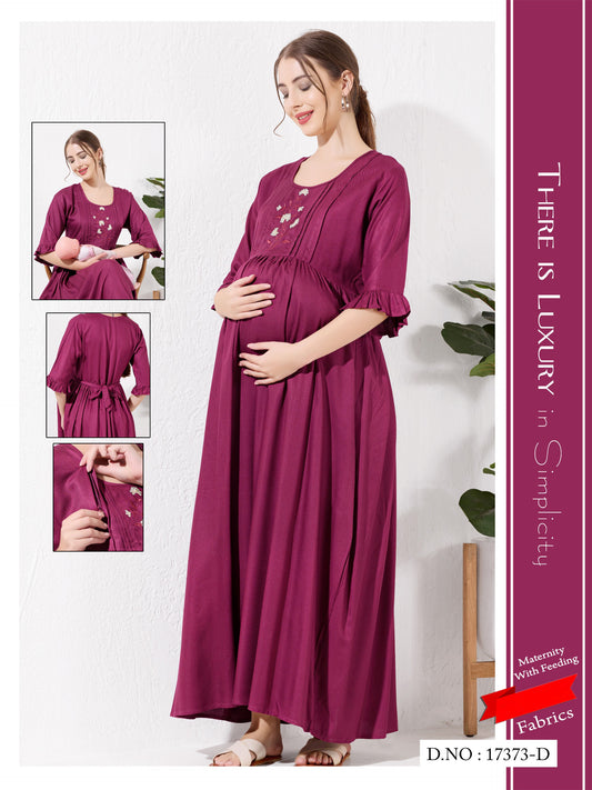 Mulberry Pink Linen Cotton Maternity Long Frock