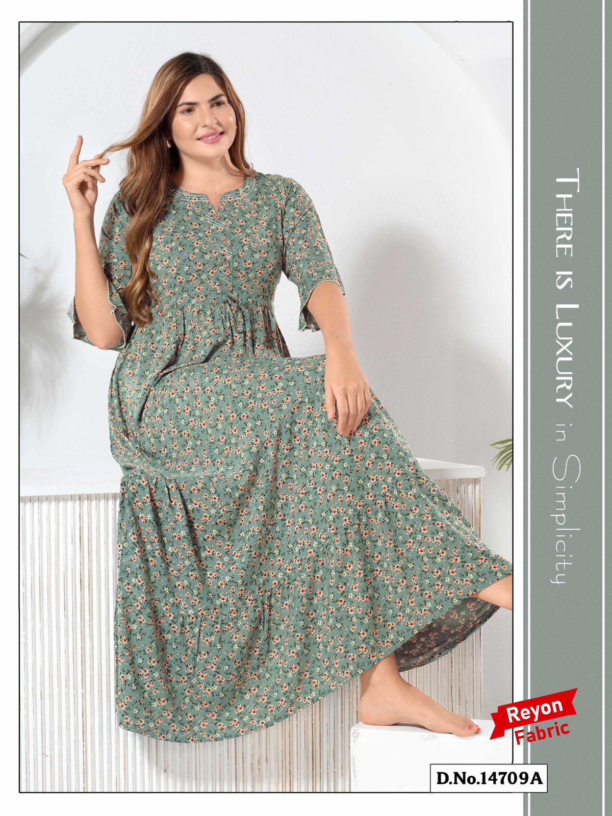 Pistachio Green Reyon Cotton Umbrella Nightgown Siya