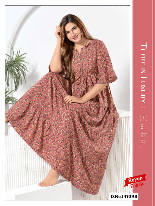 Pink Orange Reyon Cotton Umbrella Nightgown Siya