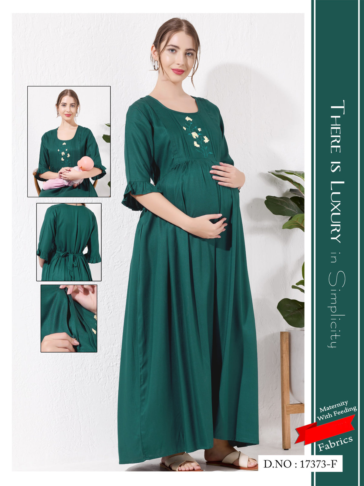 Bottle Green Linen Cotton Maternity Long Frock