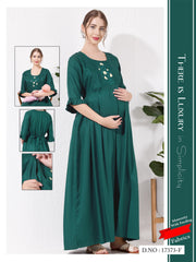 Bottle Green Linen Cotton Maternity Long Frock