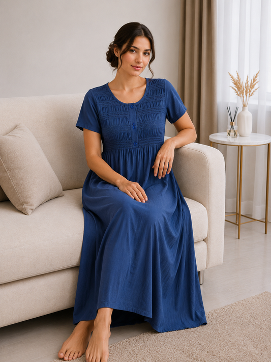 Deep Sapphire Blue Sonali Smoking Bamboo Cotton Nightgown