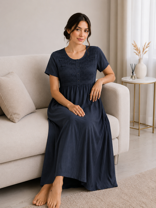 Navy Blue Sonali Smoking Bamboo Cotton Nightgown