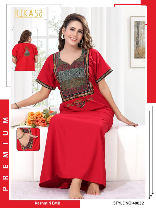 Cherry Red Spun Cotton Kashmiri Work Atheena