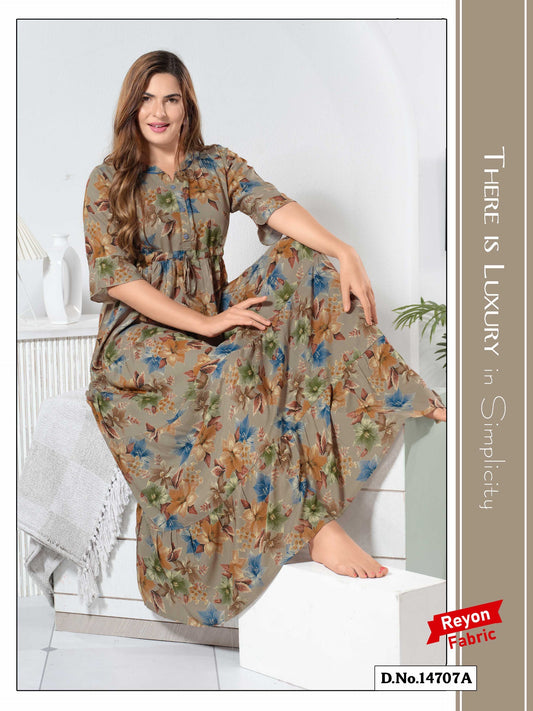 Almond Brown Reyon Cotton Umbrella Nightgown Hiba