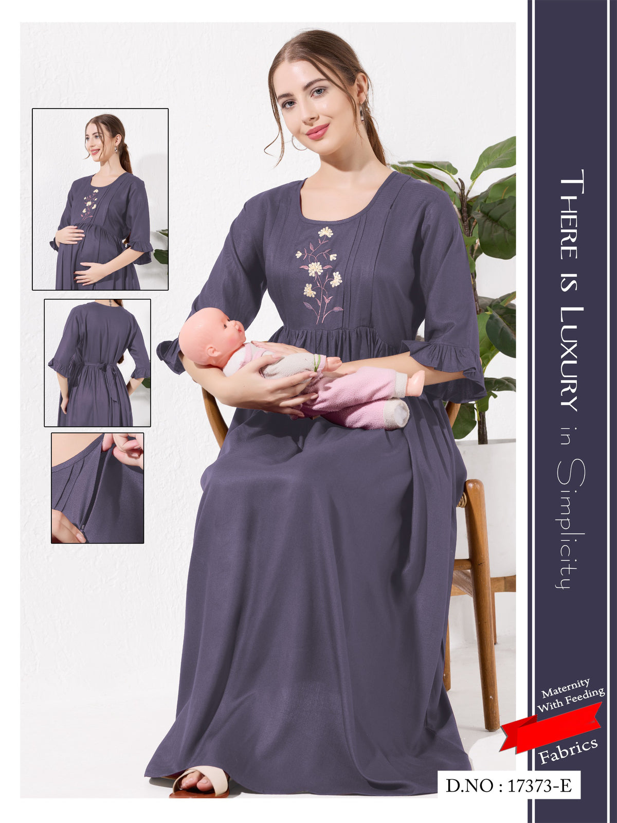 Flint Grey Linen Cotton Maternity Long Frock