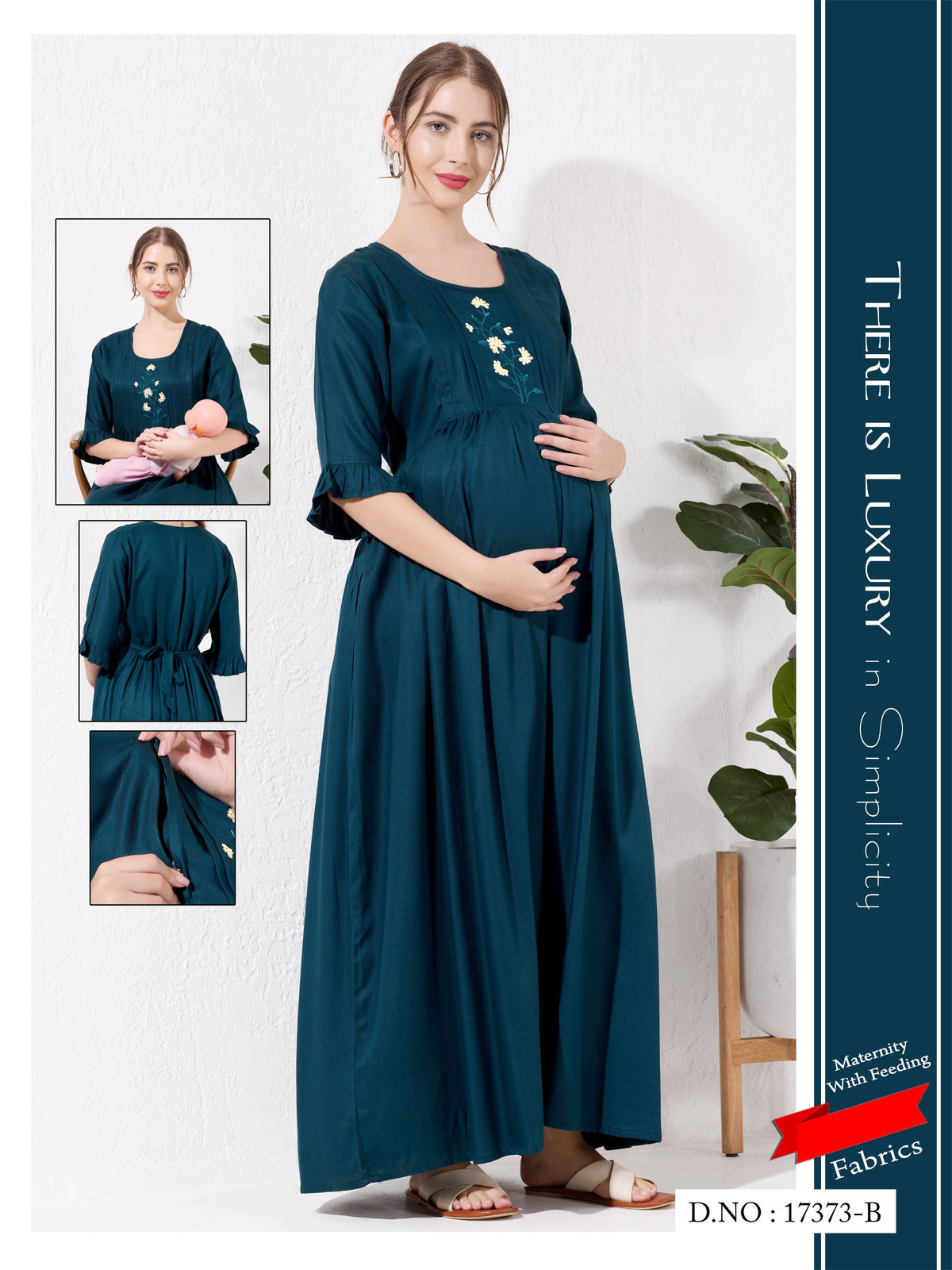 Dark Turquoise Linen Cotton Maternity Long Frock