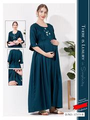 Dark Turquoise Linen Cotton Maternity Long Frock