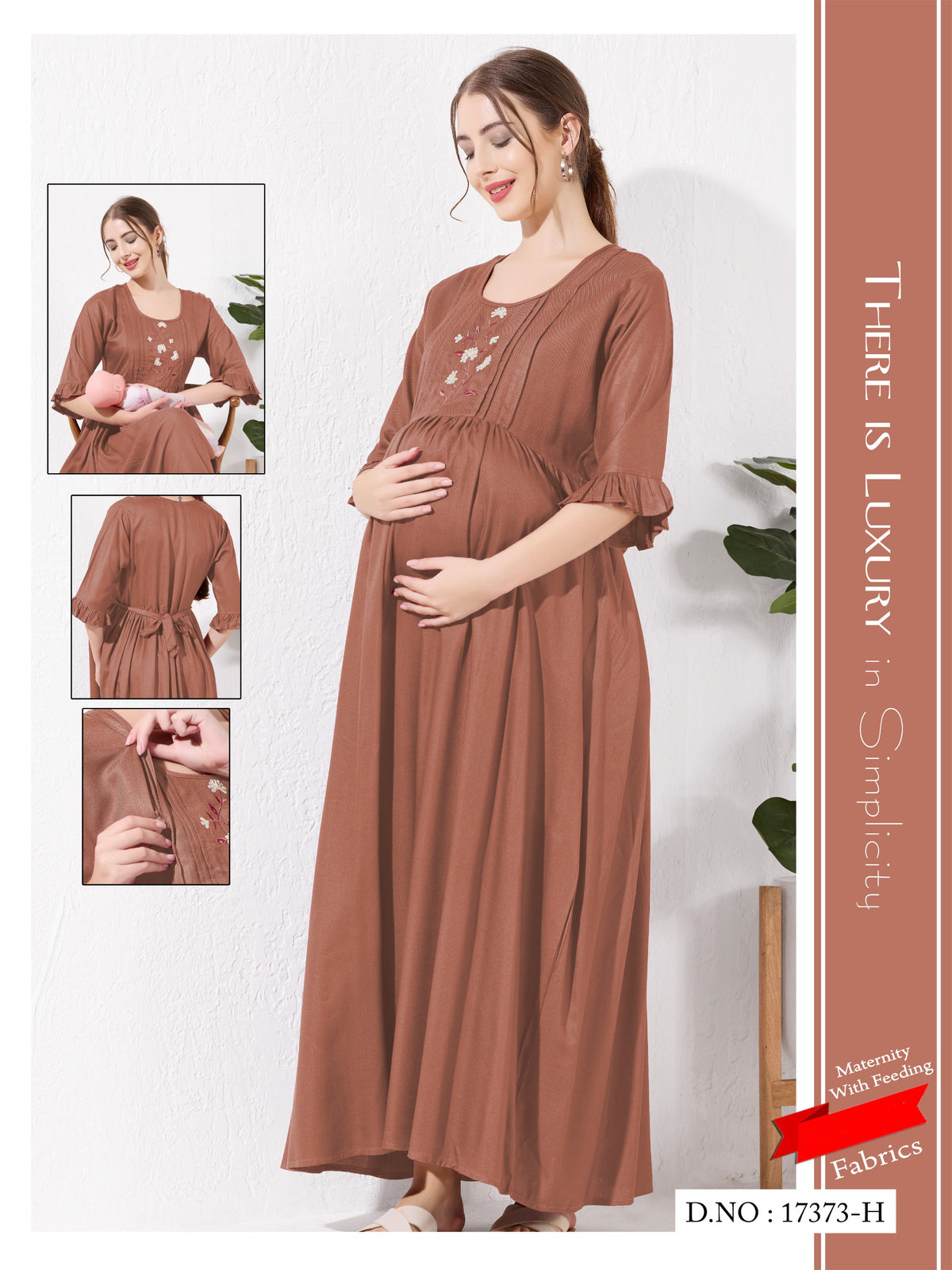 Brown Beige Linen Cotton Maternity Long Frock