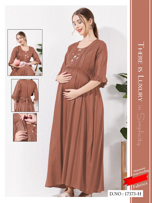 Brown Beige Linen Cotton Maternity Long Frock