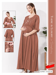 Brown Beige Linen Cotton Maternity Long Frock