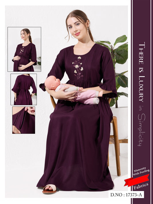 Wine Linen Cotton Maternity Long Frock