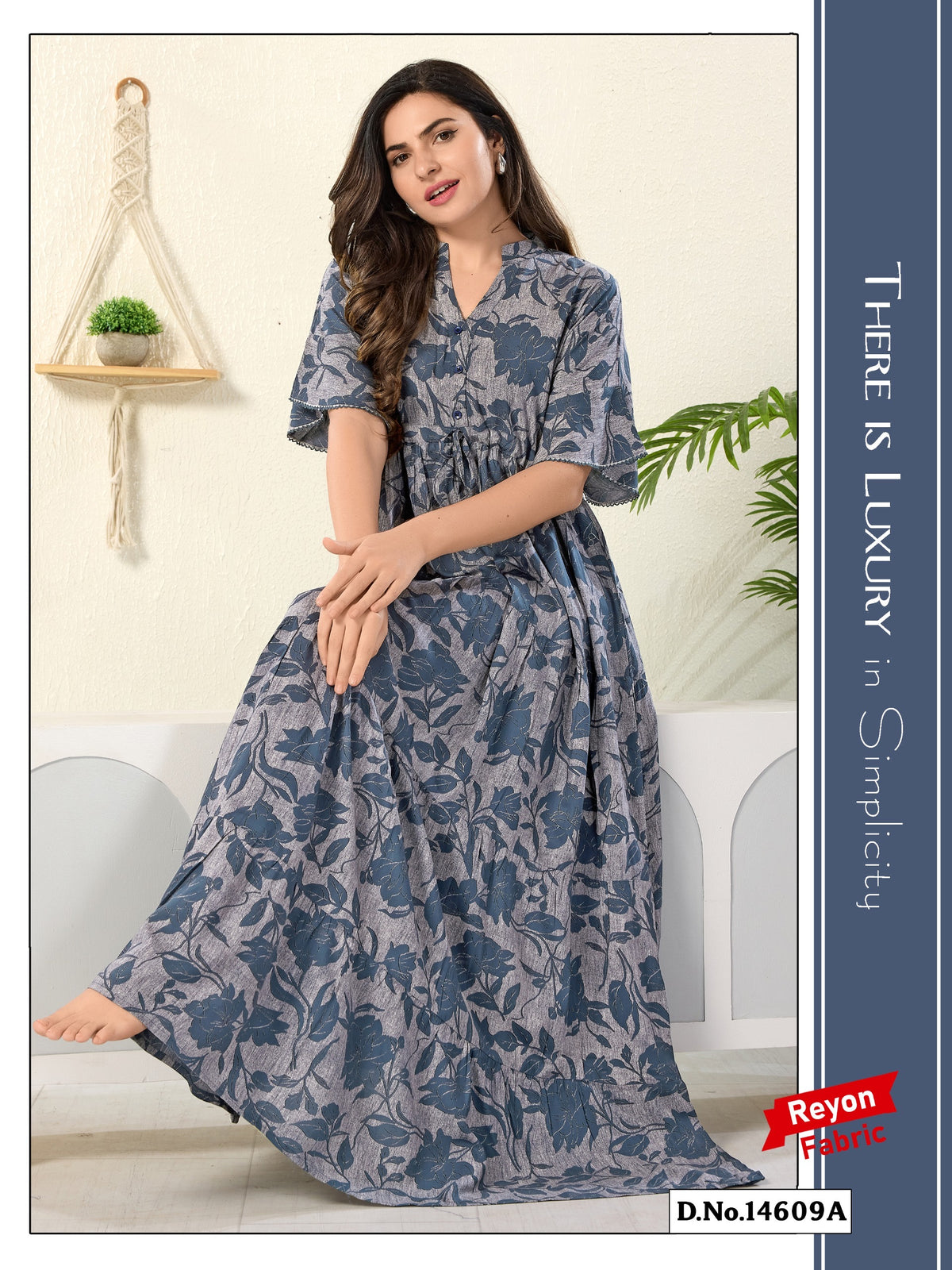 Sapphire Blue Reyon Cotton Umbrella Nightgown Liyana