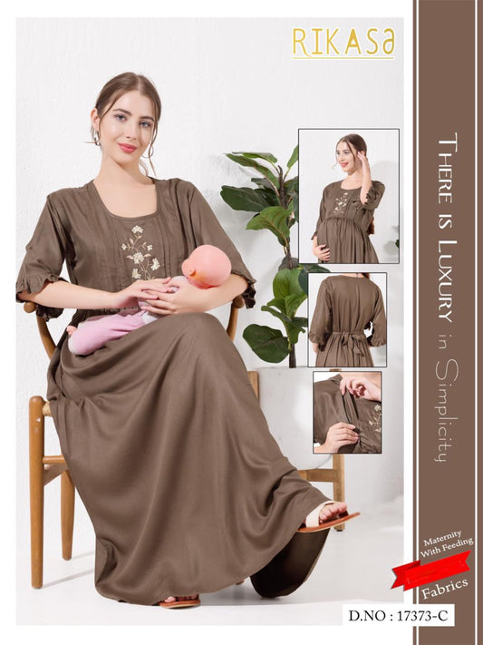 Brown Linen Cotton Maternity Long Frock